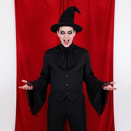 Photograph of a pale-skinned, male vampire in a black witch outfit with wide-brimmed hat, open mouth, and outstretched arms