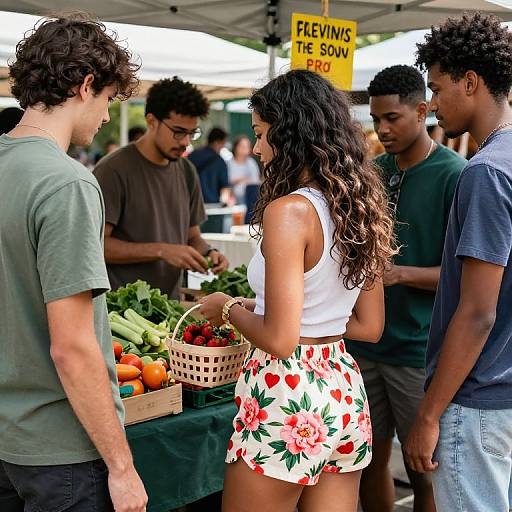 Photograph of diverse young people at a farmers' market. Central woman with long curly hair, white tank top, and floral shorts, holding a basket