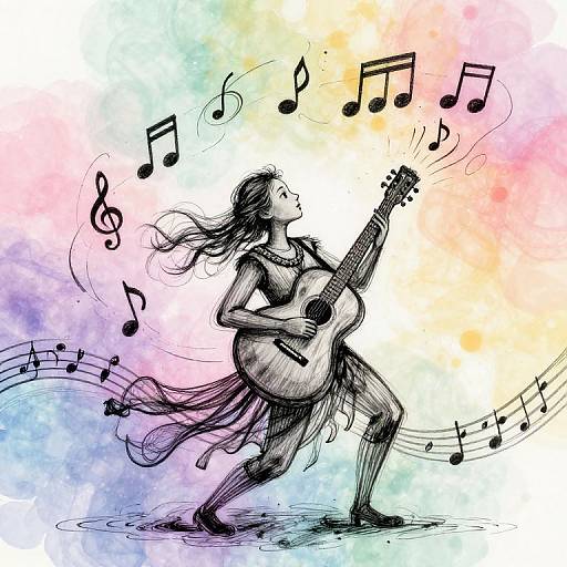 Colorful digital drawing of a woman with flowing hair playing an acoustic guitar, surrounded by musical notes on a pastel background.