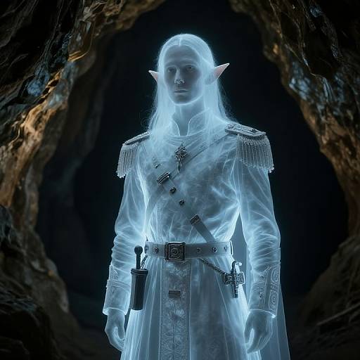 Glowing, ethereal elf with pointed ears, translucent white uniform, and ornate details, standing in a dark, rocky cave. CGI image