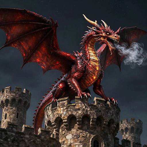 Realistic Red Dragon on Castle Tower