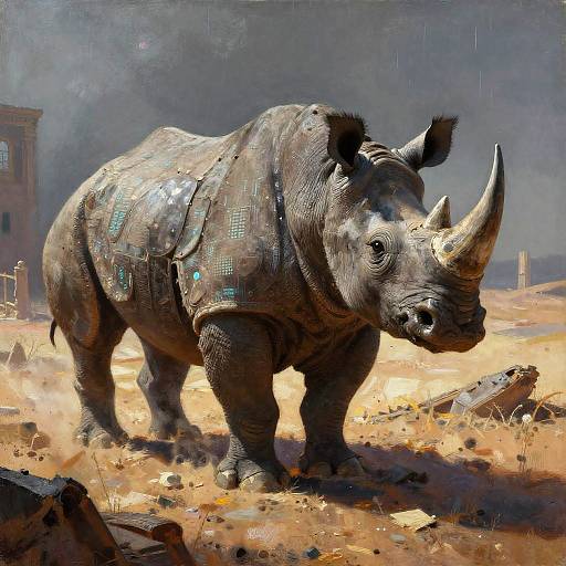 Photorealistic digital painting of a cybernetic rhinoceros with glowing blue circuit patterns on its body, standing in a desert with ruins in