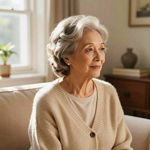 Senior Woman with Comb Over Hairstyle in Cozy Living Room