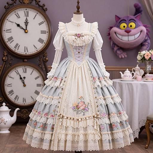 Photograph of an elaborate Victorian-style blue lace dress with floral embroidery, displayed on a mannequin in a vintage room with ornate clocks and a