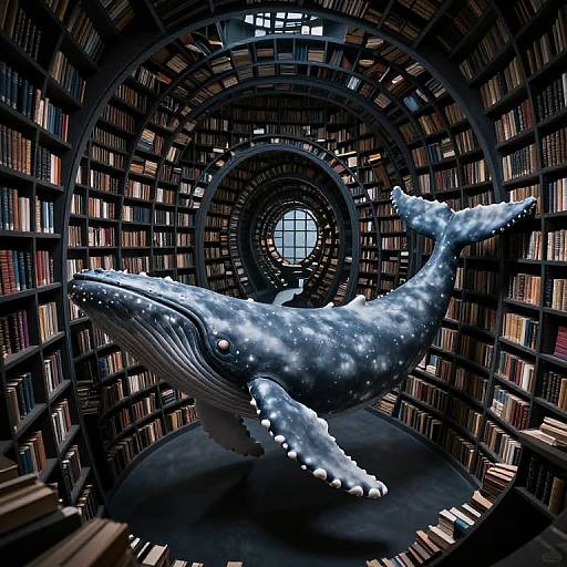 Photograph of a large, glowing, whale sculpture with sparkling blue and white accents, suspended within a circular, book-filled library.