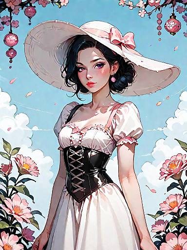 Elegant Woman in Corset-Style Midi Dress and Oversized Sun Hat