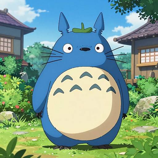 Digital illustration of Tareyo, a blue, round, cat-like Totoro character with a cream-colored belly, standing in a vibrant, sunny