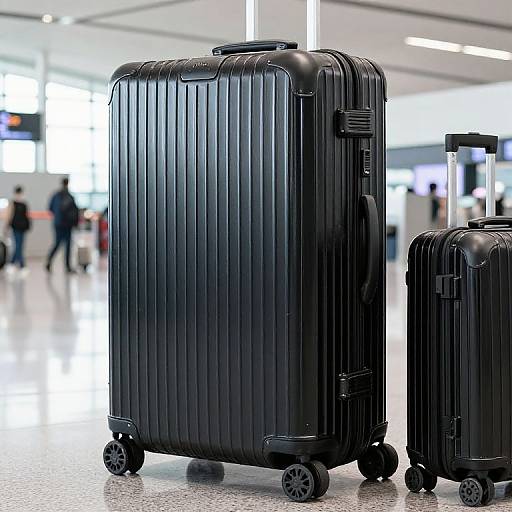 Photograph of two large, black, vertical-ribbed, wheeled suitcases standing at an airport terminal, with a blurred background of people and