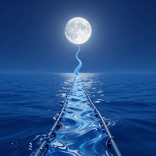 Digital artwork of a glowing full moon above a serene blue ocean, with a silver wire connecting moon to a metal path through water.