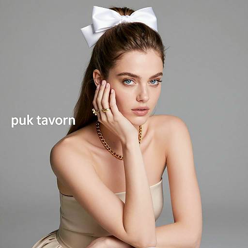 Portrait of woman with white bow and gold jewelry