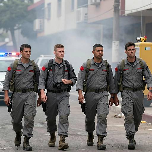 Group of Soldiers Walking Through Smoky Urban Street