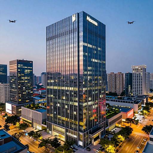 Photograph of a tall, glass skyscraper at dusk in a bustling city, illuminated with lights, flanked by other buildings, with two flying jets