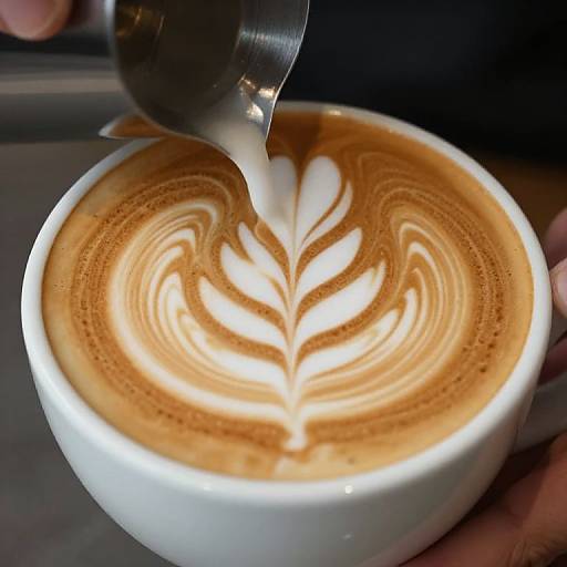 Close-up photograph of a latte with intricate leaf-shaped foam patterns, being poured with a silver spoon by a hand.