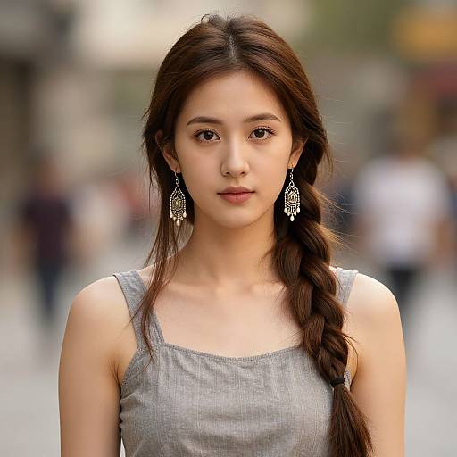 Photograph of an Asian woman with long braided brown hair, wearing a gray tank top and intricate silver earrings, standing in a blurred urban street background