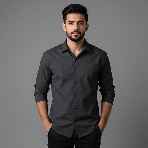 Photograph of a handsome, bearded South Asian man with short black hair, wearing a black button-up shirt and black pants, standing against a plain