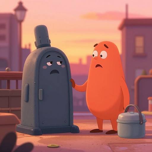 Cartoon image of a sad orange oval character comforting a grumpy gray outhouse with a hat, sunset background, metal bucket nearby.