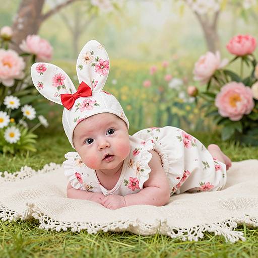 Photograph of a baby with fair skin, wearing white floral outfit and bunny ears with red bow, lying on a lace blanket in a sunny garden with