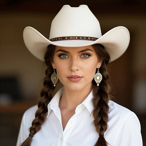 Photograph of a young woman with braided brown hair, blue eyes, wearing a white cowboy hat, white shirt, and ornate earrings, with