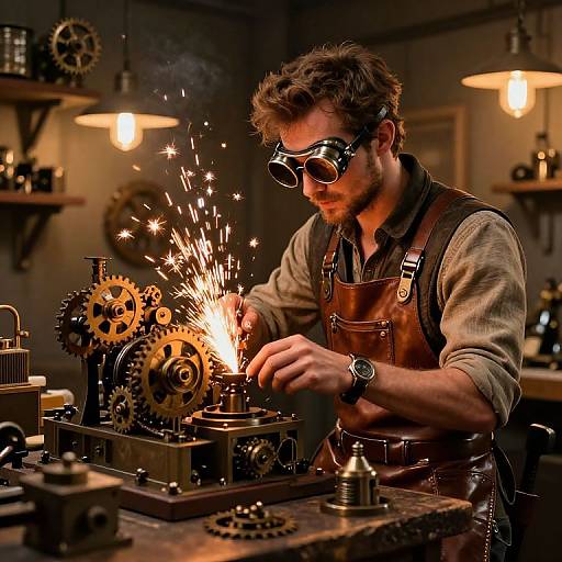 Steampunk Inventor in Cluttered Workshop