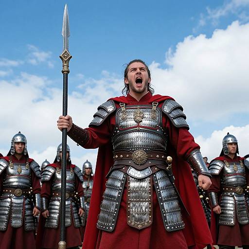 Photograph of a warrior in medieval armor with a red cape, shouting, holding a spear, with armored soldiers in background under a blue sky.