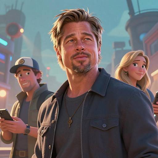CGI image of three people in a futuristic city: a bearded man with messy hair and black jacket, a smiling boy in a cap, and