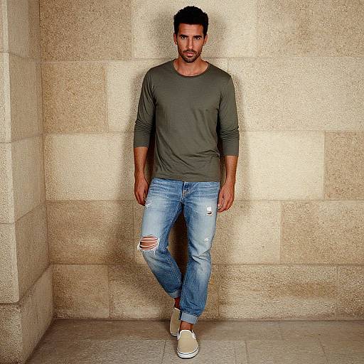 Photograph of a muscular, dark-haired man with a beard, wearing a gray long-sleeve shirt, ripped blue jeans, and white sneakers,