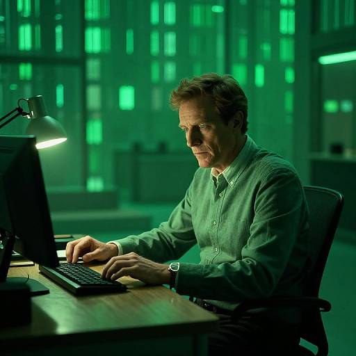 Photograph of a middle-aged man with short brown hair, wearing a green button-up shirt, typing on a laptop in a dimly lit office at