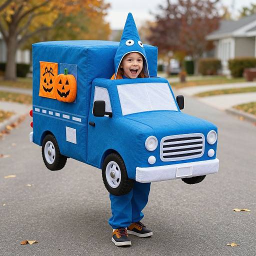 Photograph of a young child in a blue, Halloween-themed costume resembling a pumpkin delivery truck, standing on a suburban street with autumn leaves.