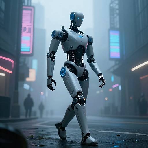 Photograph-like CGI of a white, blue-lit humanoid robot walking in a foggy, neon-lit, cyberpunk city street at night.