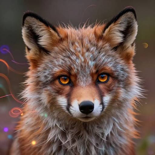 Close-up photograph of a realistic fox with vibrant orange eyes, detailed fur, and colorful bokeh lights in the background.
