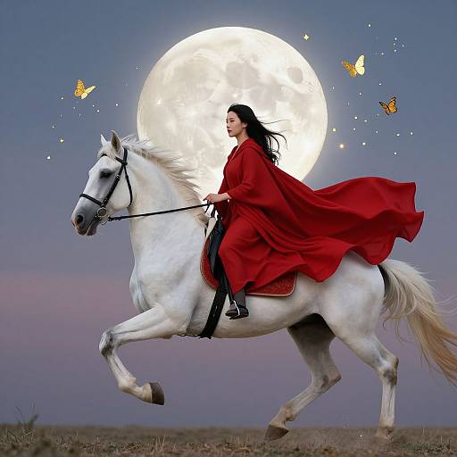 Photograph of a woman in a flowing red cloak riding a white horse, with a full moon and butterflies in the background.