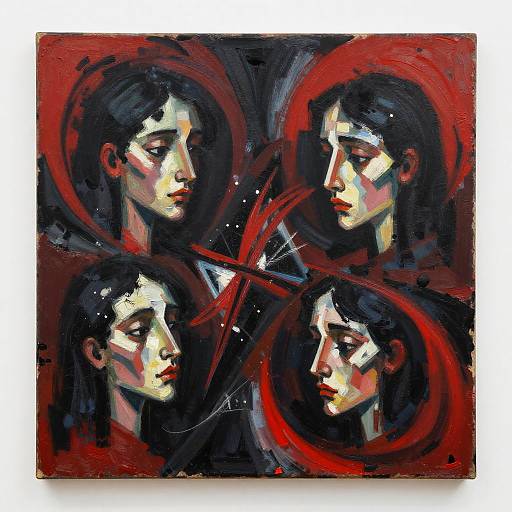 Expressionist painting of four somber-faced individuals with dark hair, red and black swirls, and pale skin, arranged in a square.