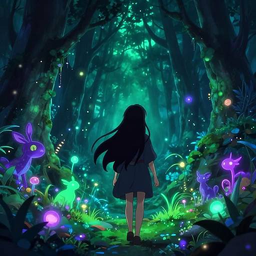 Anime-style digital illustration of a girl with long black hair, back to the viewer, standing in a mystical, glowing forest with bioluminescent plants