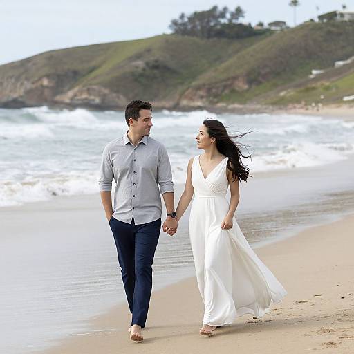 Photograph of a smiling couple holding hands, walking on a sandy beach. Man in light blue shirt and dark pants, woman in white dress and brown