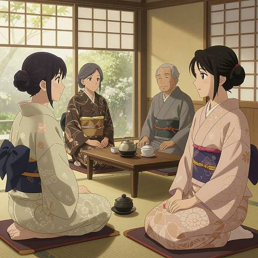 Anime-style drawing of three women in kimonos seated on tatami mats in a sunlit traditional Japanese room, playing Go.