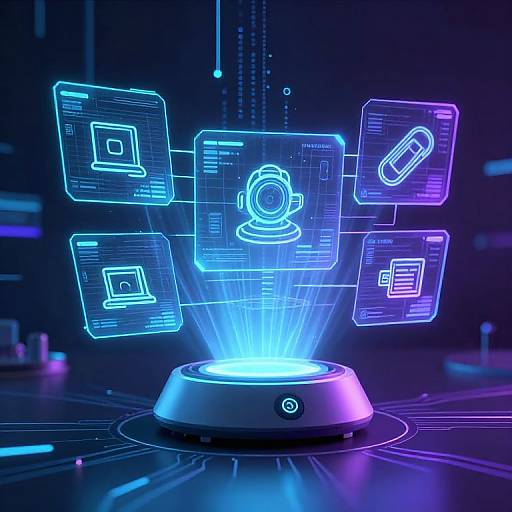 Neon-lit futuristic holographic interface floating above a glowing circular device on a dark, tech-filled background. Blue and purple holograms display icons.