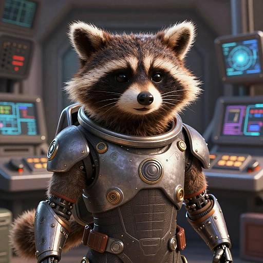 CGI image of a raccoon in detailed, futuristic metallic armor standing in a high-tech control room with colorful screens.