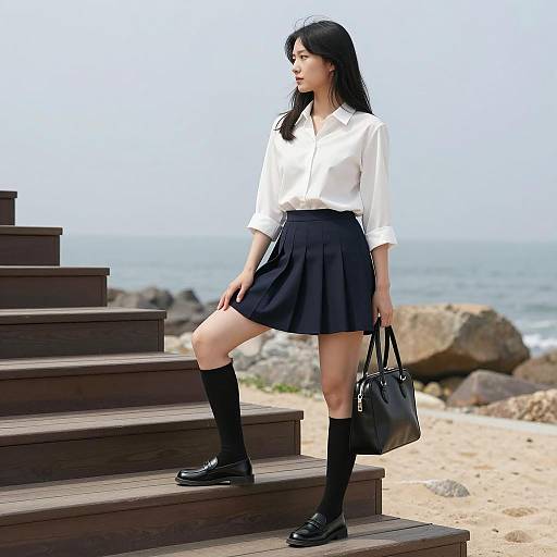 Asian Woman Standing on Wooden Stairs by the Ocean