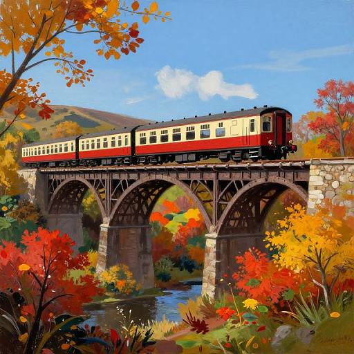 Bright, colorful digital painting of a red and cream train crossing a stone arch bridge over a river, surrounded by vibrant autumn foliage. Artist: H.