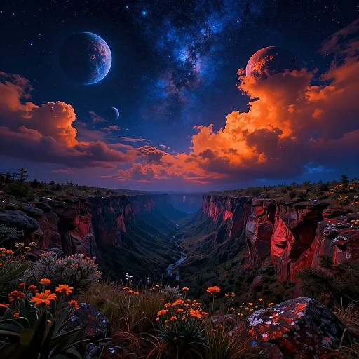 Fantasy landscape photograph of a starry night sky with glowing planets, vibrant orange clouds, and red canyon cliffs dotted with orange flowers.