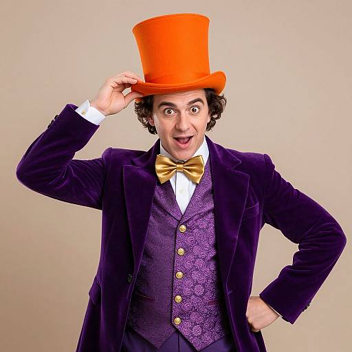 Photograph of a man in a purple velvet suit, gold bow tie, and bright orange top hat, smiling widely, adjusting the hat with one hand