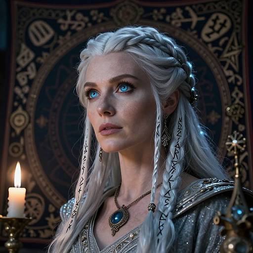 Photorealistic CGI of a fair-skinned woman with long, braided white hair, blue eyes, and intricate medieval attire, set against a dim