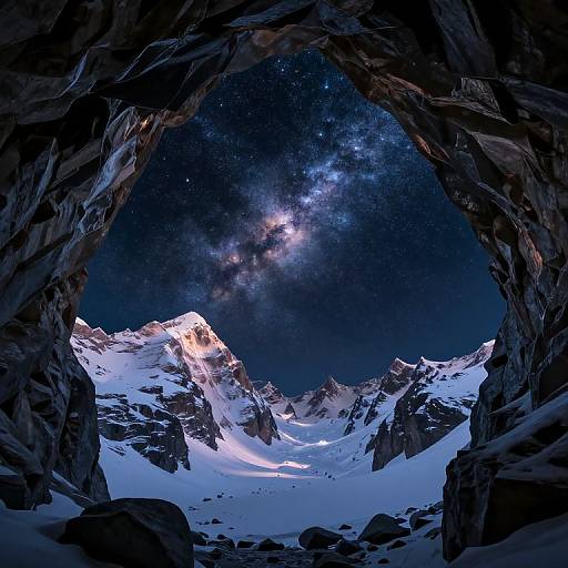 Photorealistic digital artwork of a snowy mountain range viewed through a rocky cave opening, with a starry night sky and Milky Way visible overhead.