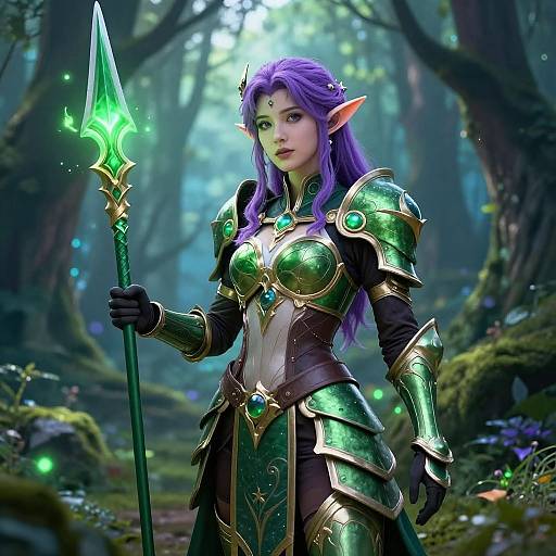 Digital fantasy artwork of a purple-haired, elven warrior in green and gold armor, holding a glowing green spear, standing in a mystical forest.
