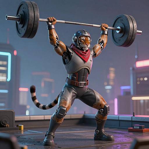 Cybernetic Tiger Warrior Deadlifting on Futuristic Rooftop