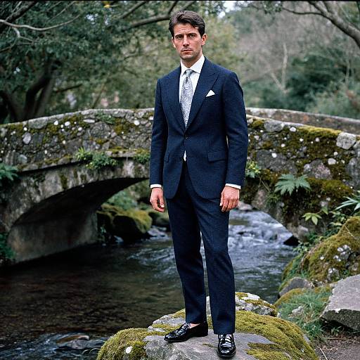 Photograph of a serious, dark-haired man in a black suit and tie standing on moss-covered rocks beside a mossy stone bridge over a flowing stream