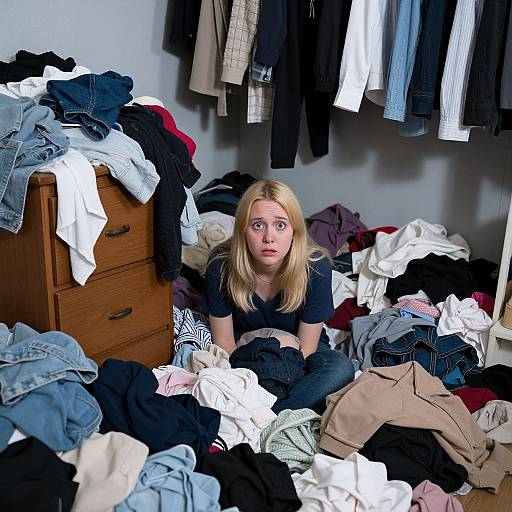 Photograph of a blonde woman with wide-eyed expression, sitting amidst a cluttered room filled with scattered clothes, surrounded by a wooden dresser and hanging clothes