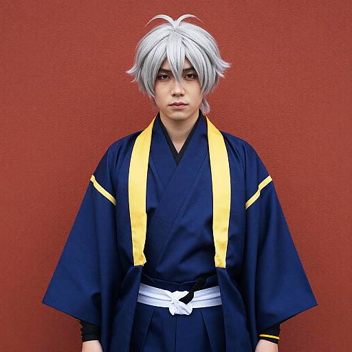 Photograph of a young person with silver hair, wearing a black and yellow kimono with a white belt, standing against a red textured wall.