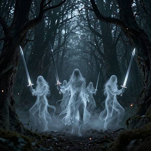 Digital art: Five ethereal, ghostly figures with glowing blue swords stand in a dark, misty forest, creating a mystical, otherworldly