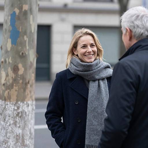 Smiling Woman in Winter Coat Talking Outdoors